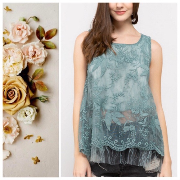 POL Tiffany Blue Sage Tulle Tunic Top - Picture 6 of 9